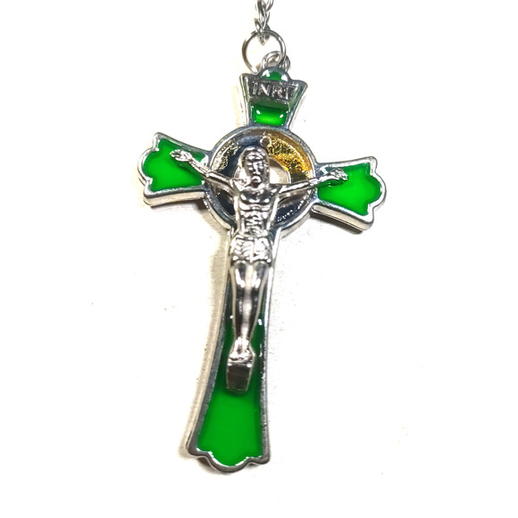 INRI Jesus Cross Keychain Green Enamel Silver Tone 4" Long Religious - Picture 6 of 7